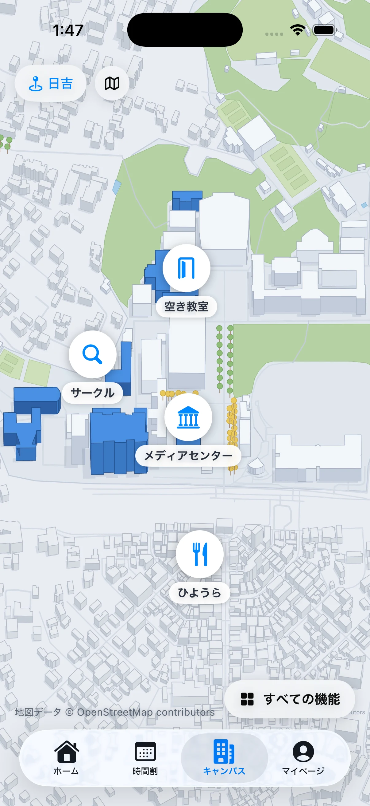 日吉のキャンパスマップから空き教室やひようらを探す画面