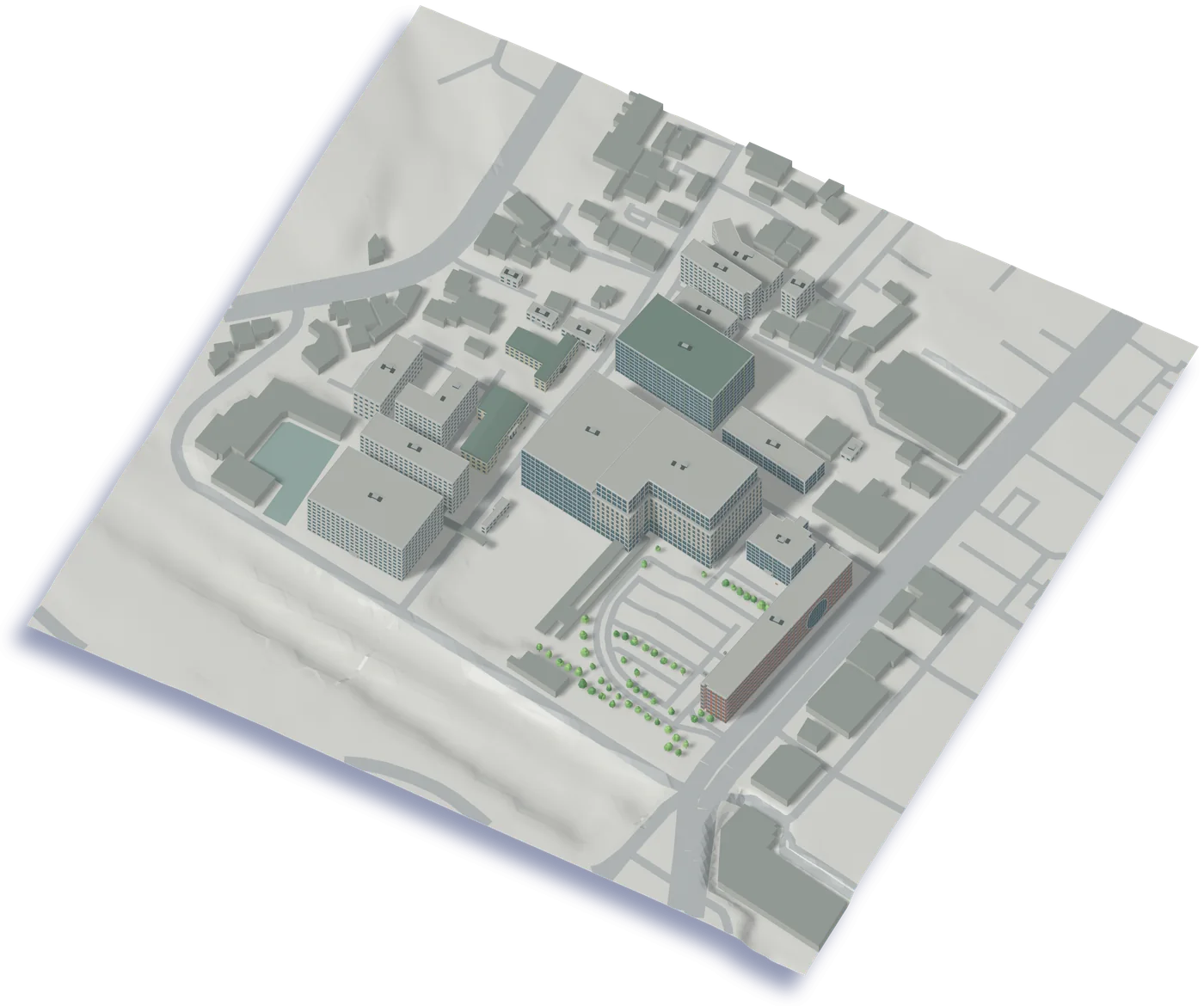 KPassのキャンパスマップと同じ信濃町キャンパスの立体模型。メディアセンター・生協・空き教室の場所にラベルが立っている
