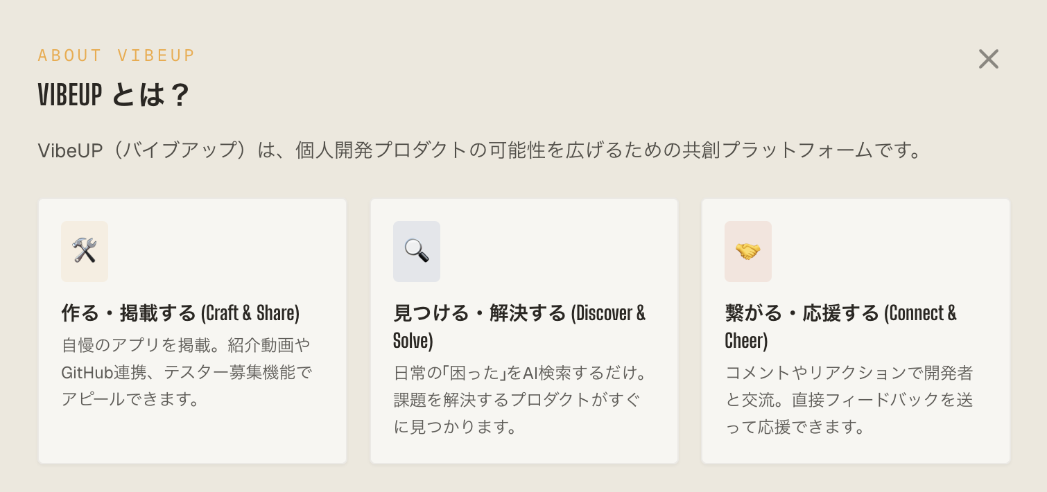 VibeUPとは？Craft & Share / Discover & Solve / Connect & Cheer