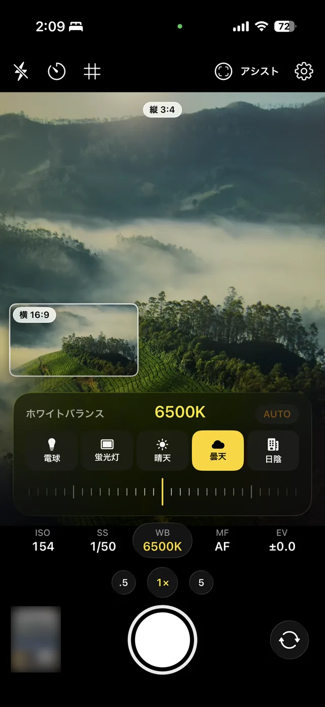 プロモードのホワイトバランス調整。プリセットと色温度の目盛りが表示されている