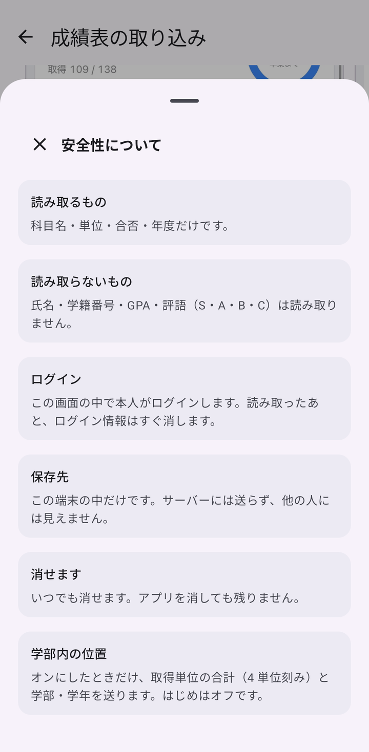 「安全性について」のシート。読み取るもの・読み取らないもの・ログイン・保存先・消せます・学部内の位置が並ぶ