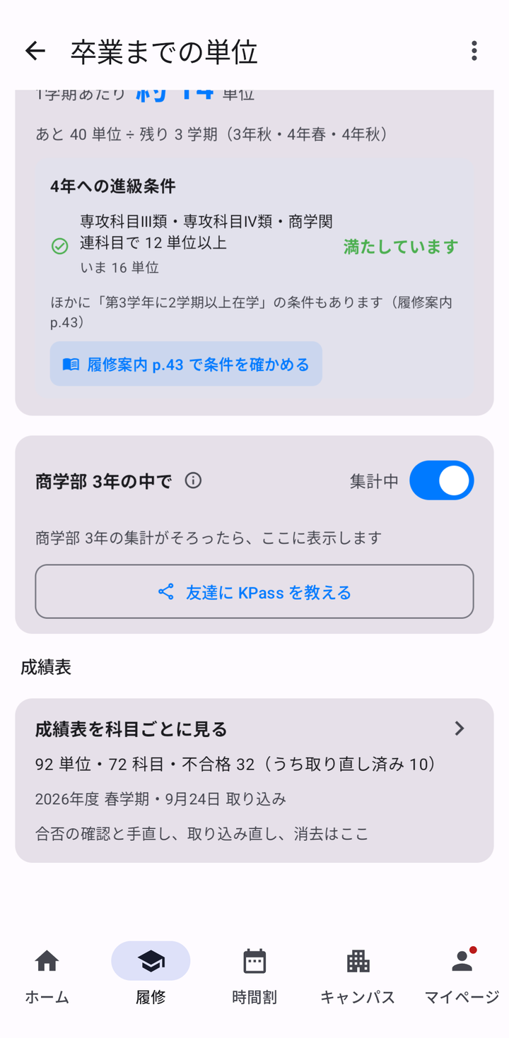 卒業までの単位の下部。4年への進級条件を満たしている表示と、履修案内 p.43 を開くボタン、成績表を科目ごとに見るカード
