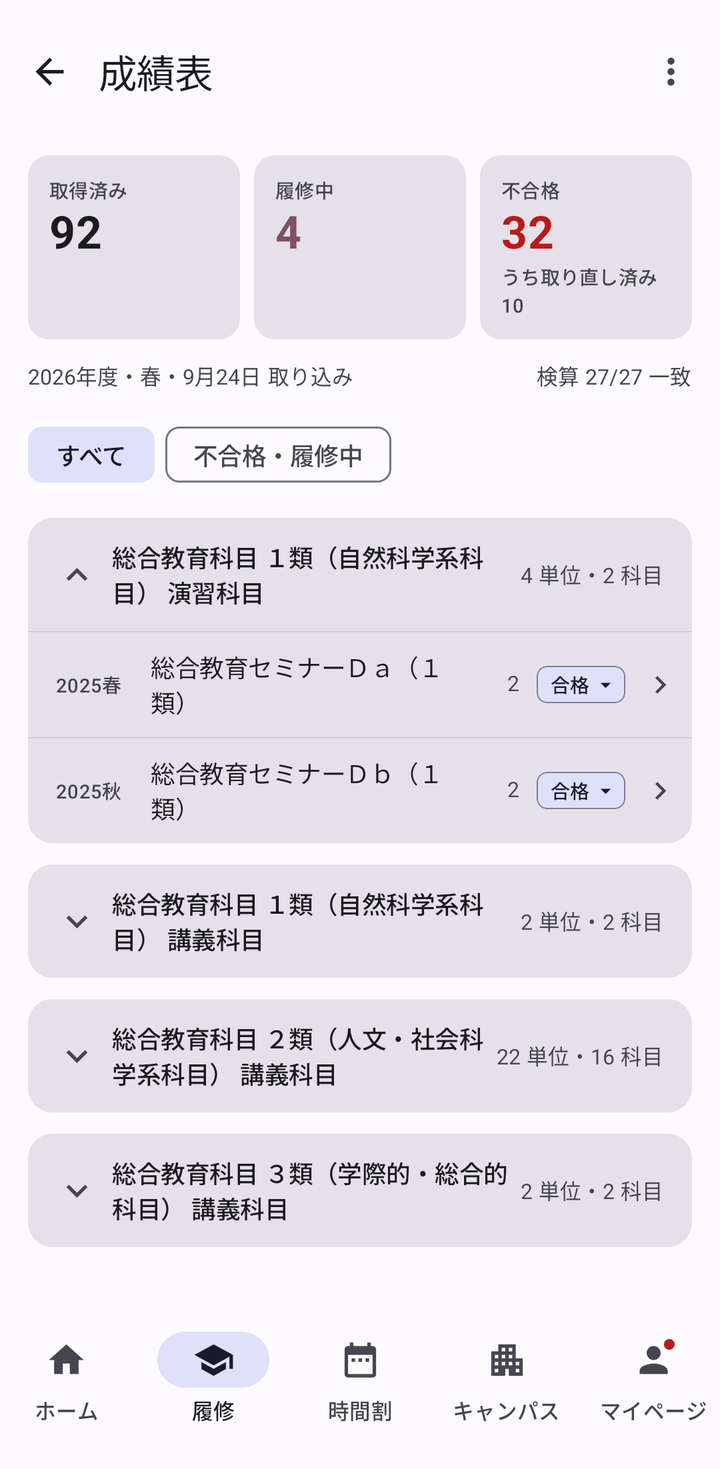 成績表の画面。取得済み・履修中・不合格の数と検算の結果、その下に分野ごとに開いた科目と合否のドロップダウン