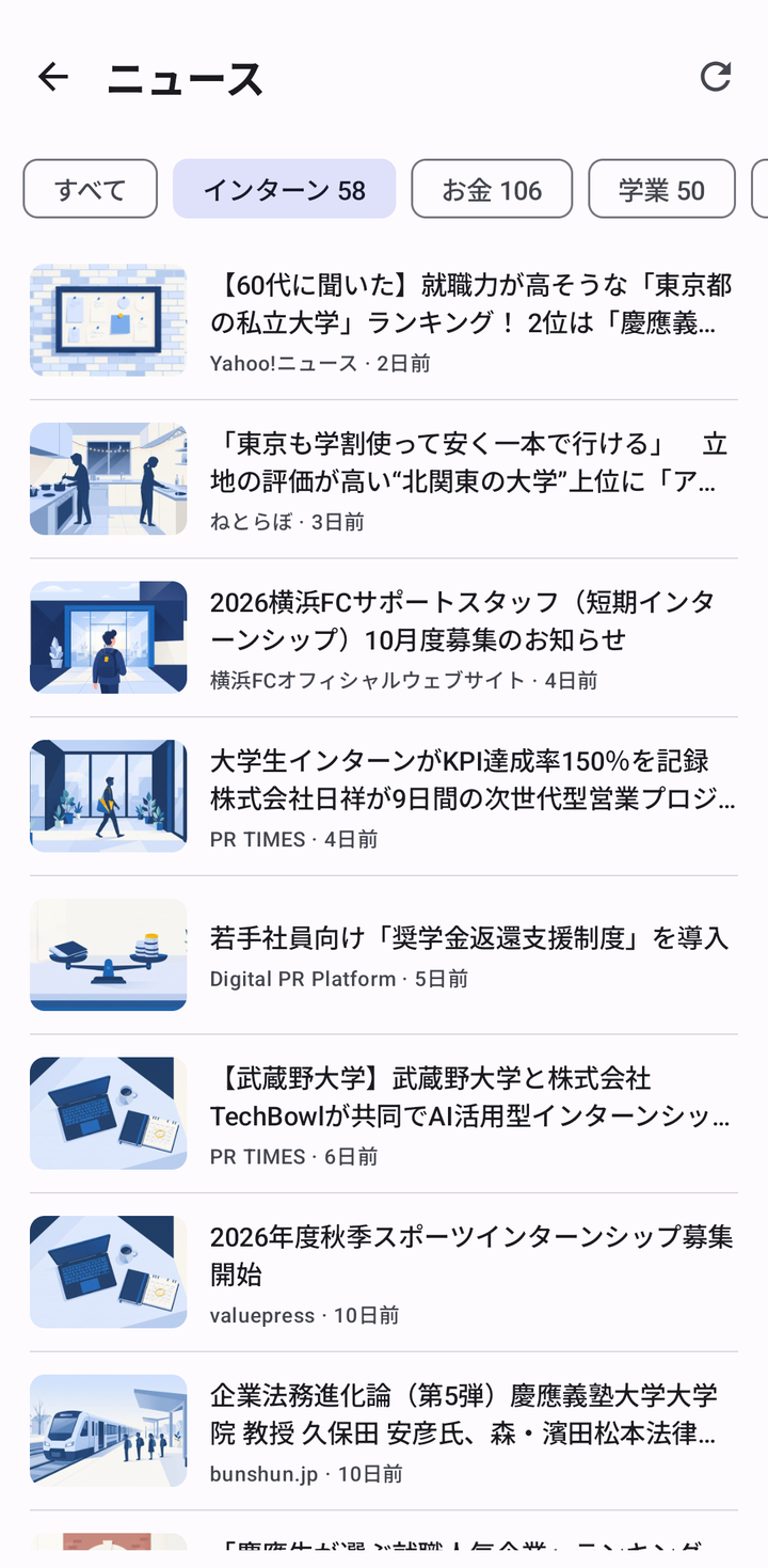 「インターン」のチップを選んだところ。インターン募集のプレスリリースや就活の記事だけが並ぶ