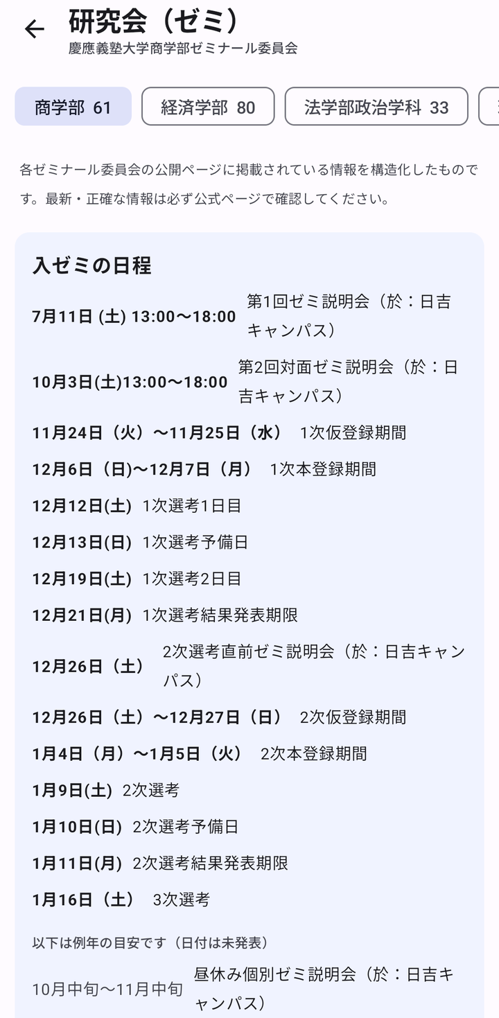 研究会の画面。上に商学部・経済学部・法学部政治学科のタブ、その下に入ゼミの日程が日付順に並ぶ